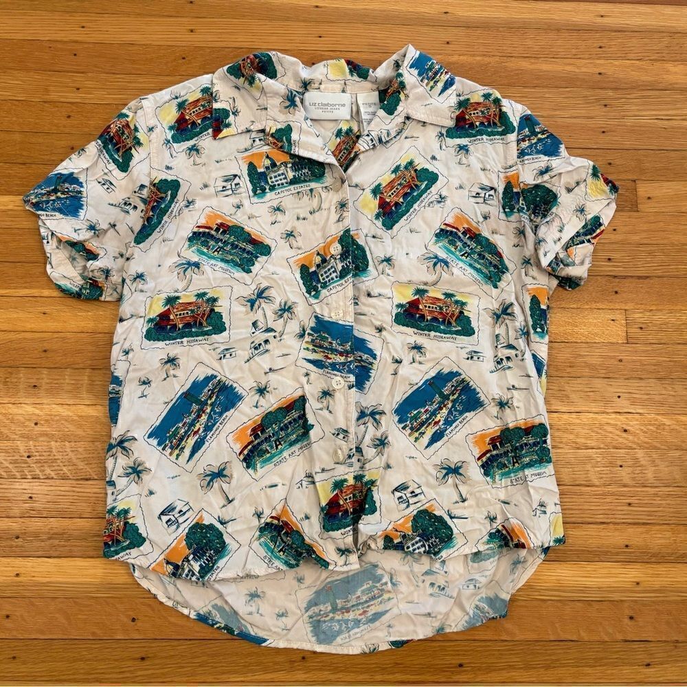 Liz Claiborne beige tropical tourist short sleeve button down shirt